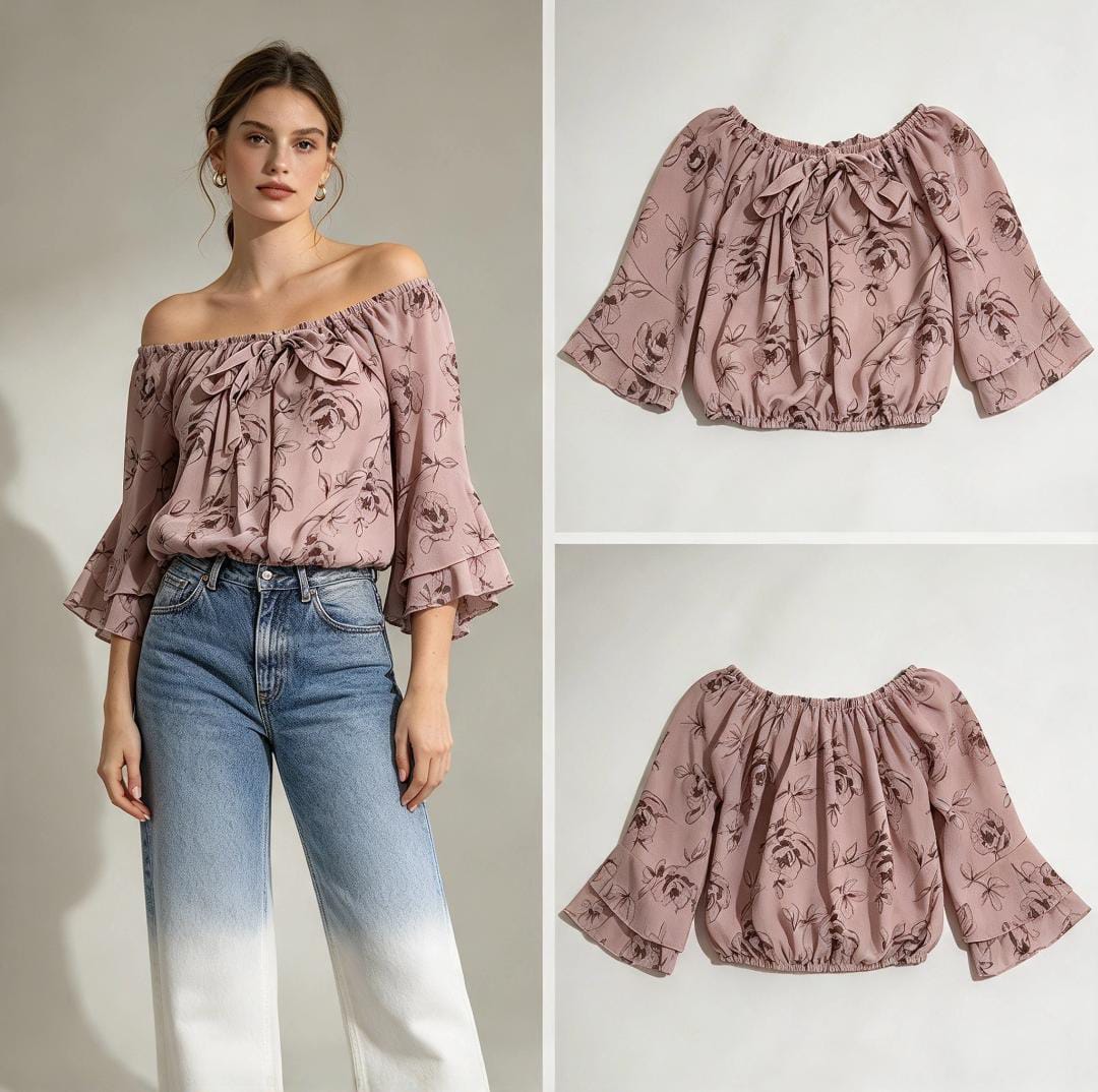 Blusa corta off-shoulder con mangas abullonadas_0