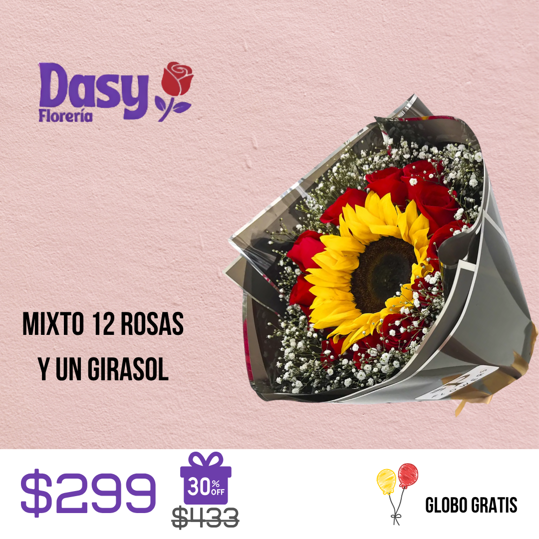 MIXTO 12 ROSAS Y UN GIRASOL