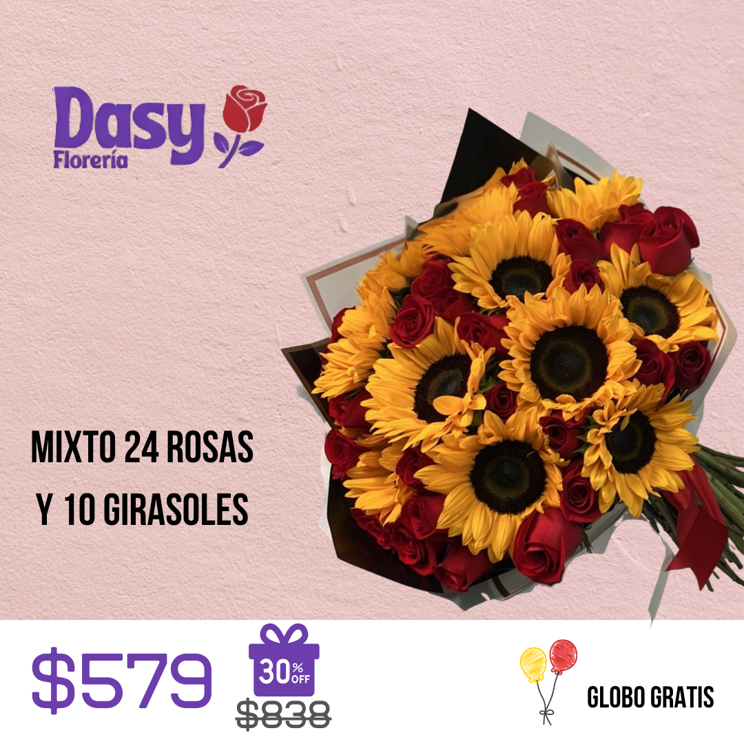 MIXTO 24 ROSAS Y 10 GIRASOLES