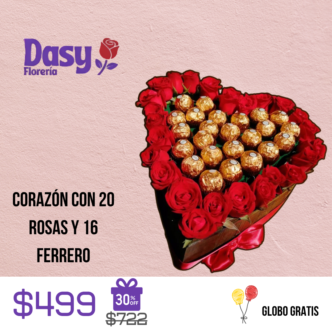 CORAZÓN CON 20 ROSAS Y 16 FERRERO
