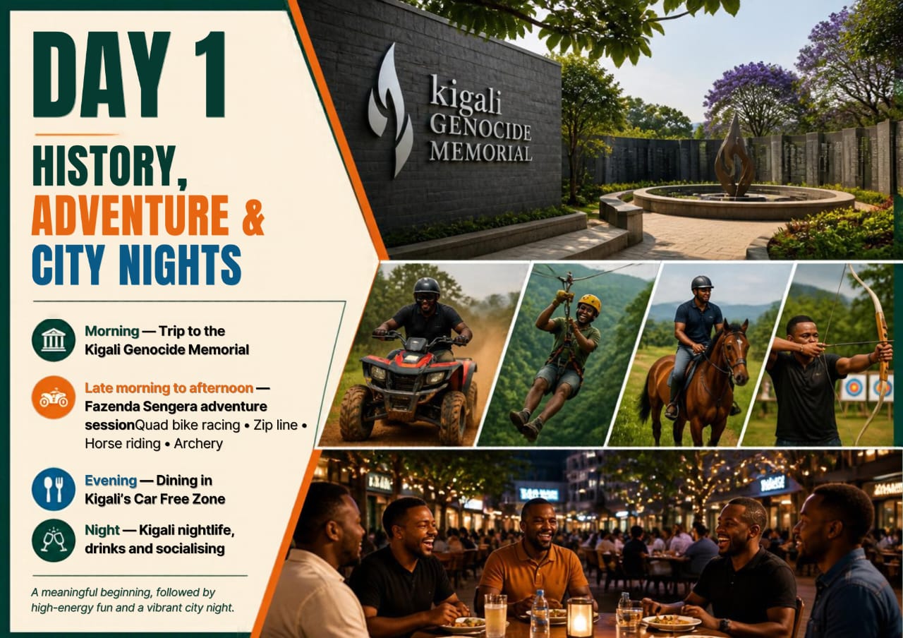4 DAYS MEN RETREAT KIGALI  All Inclusive Package:  FLIGHT | TRANSPORT | MEAL | ACCOMODATIONS | TOUR ACTIVITIES _1