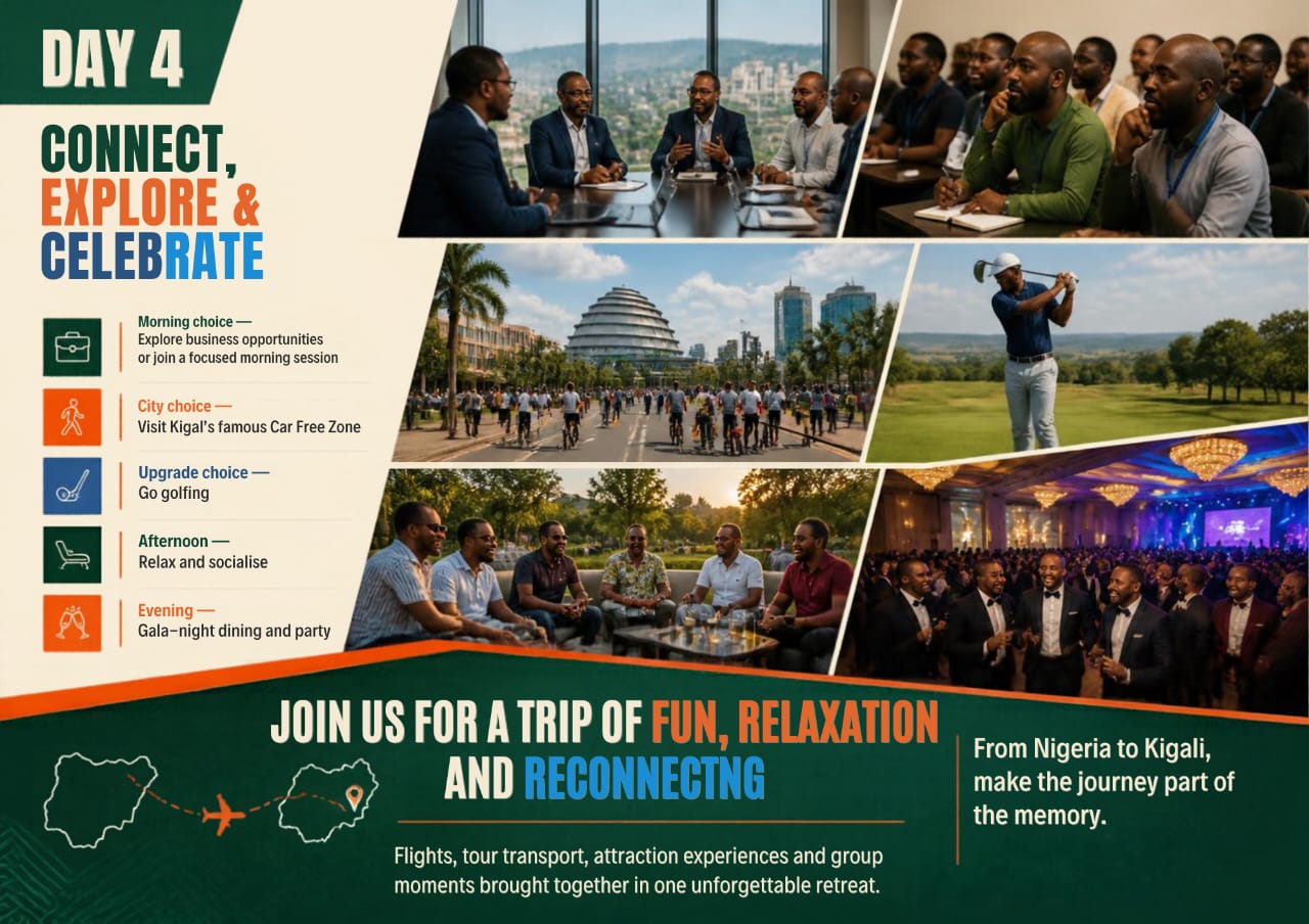4 DAYS MEN RETREAT KIGALI  All Inclusive Package:  FLIGHT | TRANSPORT | MEAL | ACCOMODATIONS | TOUR ACTIVITIES _4