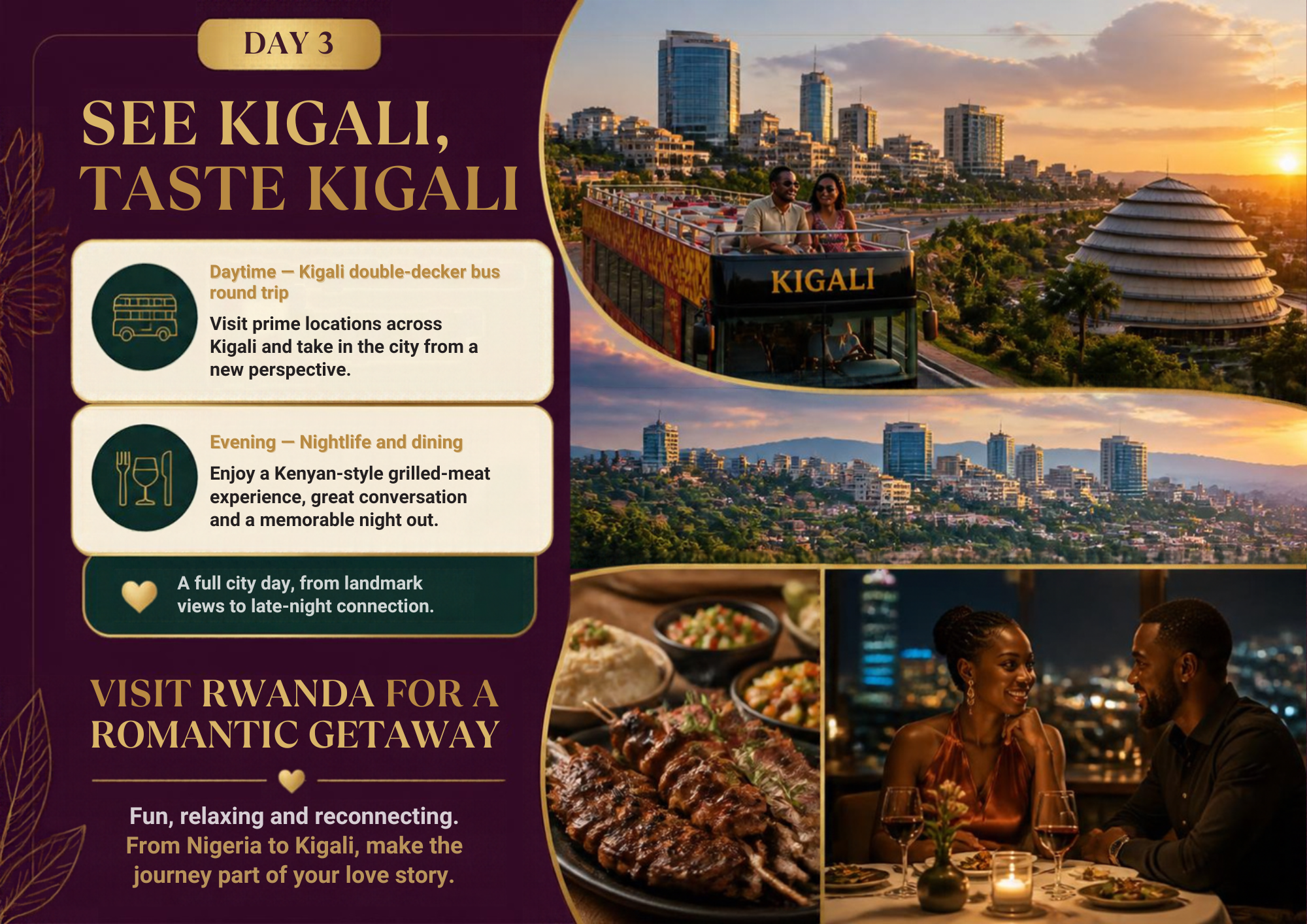 3 DAYS ROMANTIC COUPLES VACATION KIGALI  All Inclusive Package:  FLIGHT | TRANSPORT | MEAL | ACCOMODATIONS | TOUR ACTIVITIES _3