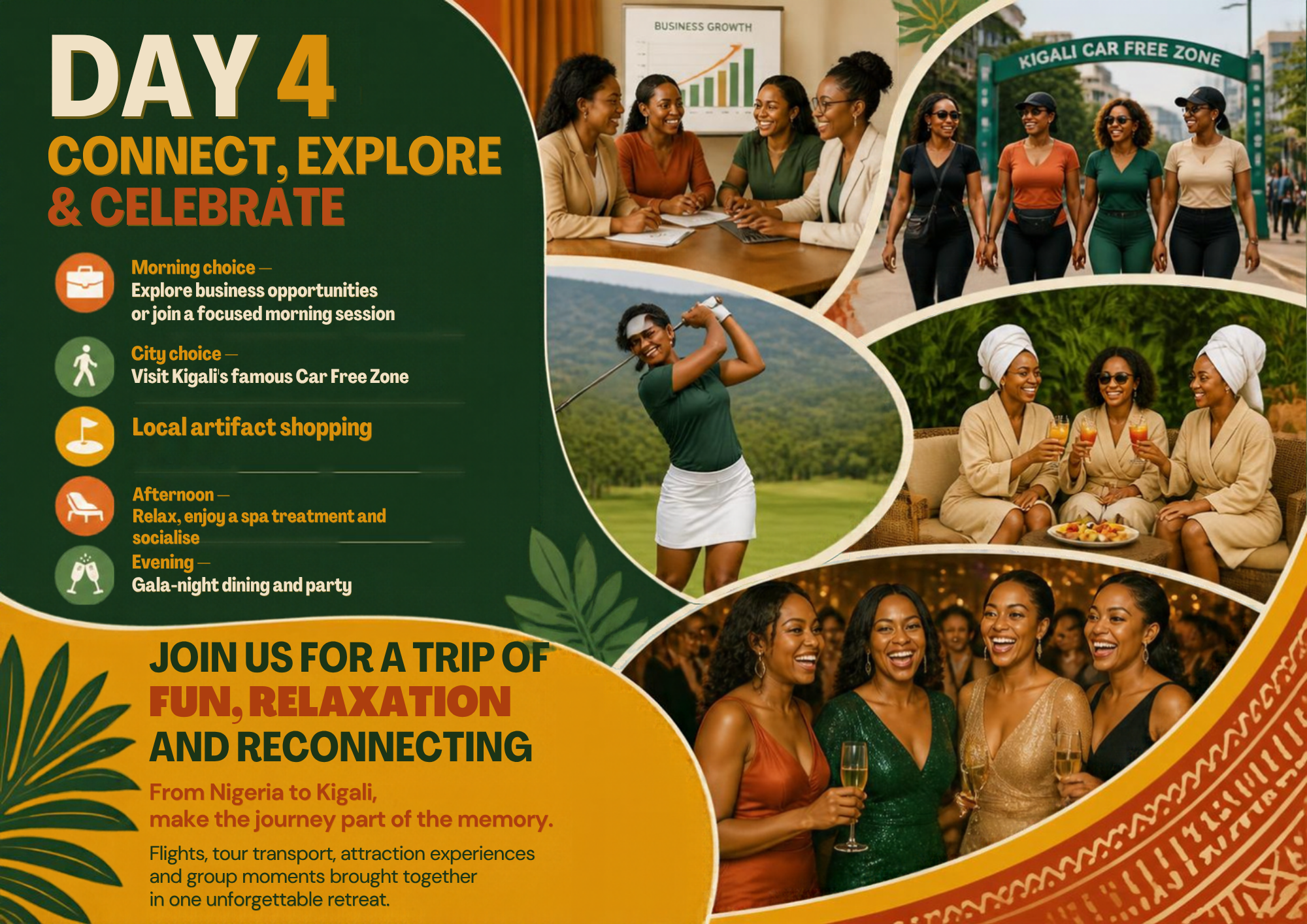 4 DAYS LADY'S GROUP OUT KIGALI  All Inclusive Package:  FLIGHT | TRANSPORT | MEAL | ACCOMODATIONS | TOUR ACTIVITIES  _5