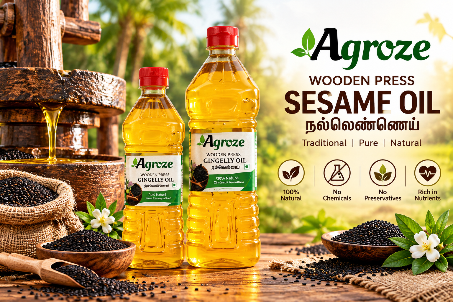 WOODEN PRESS SESAME OIL 1/2 LIT