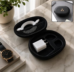 Premium Black Hard Shell Storage Case for Earbuds, Charging Cable & Adapter Organizer