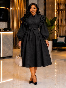 👗 Ruffled Shoulder Belted Shirt Dress