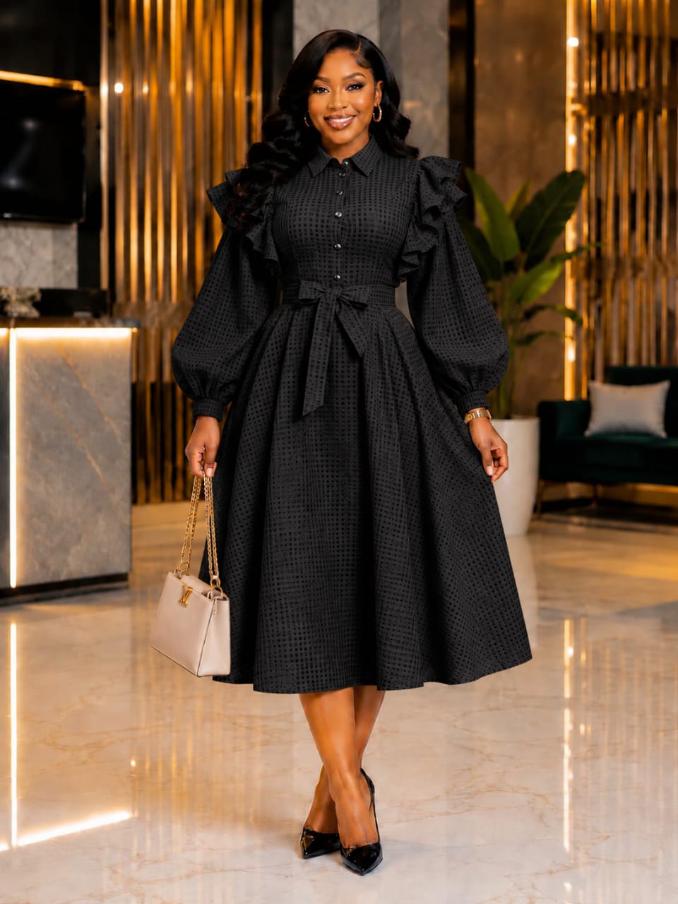 👗 Ruffled Shoulder Belted Shirt Dress_2