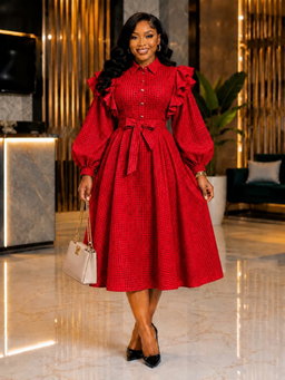👗 Ruffled Shoulder Belted Shirt Dress