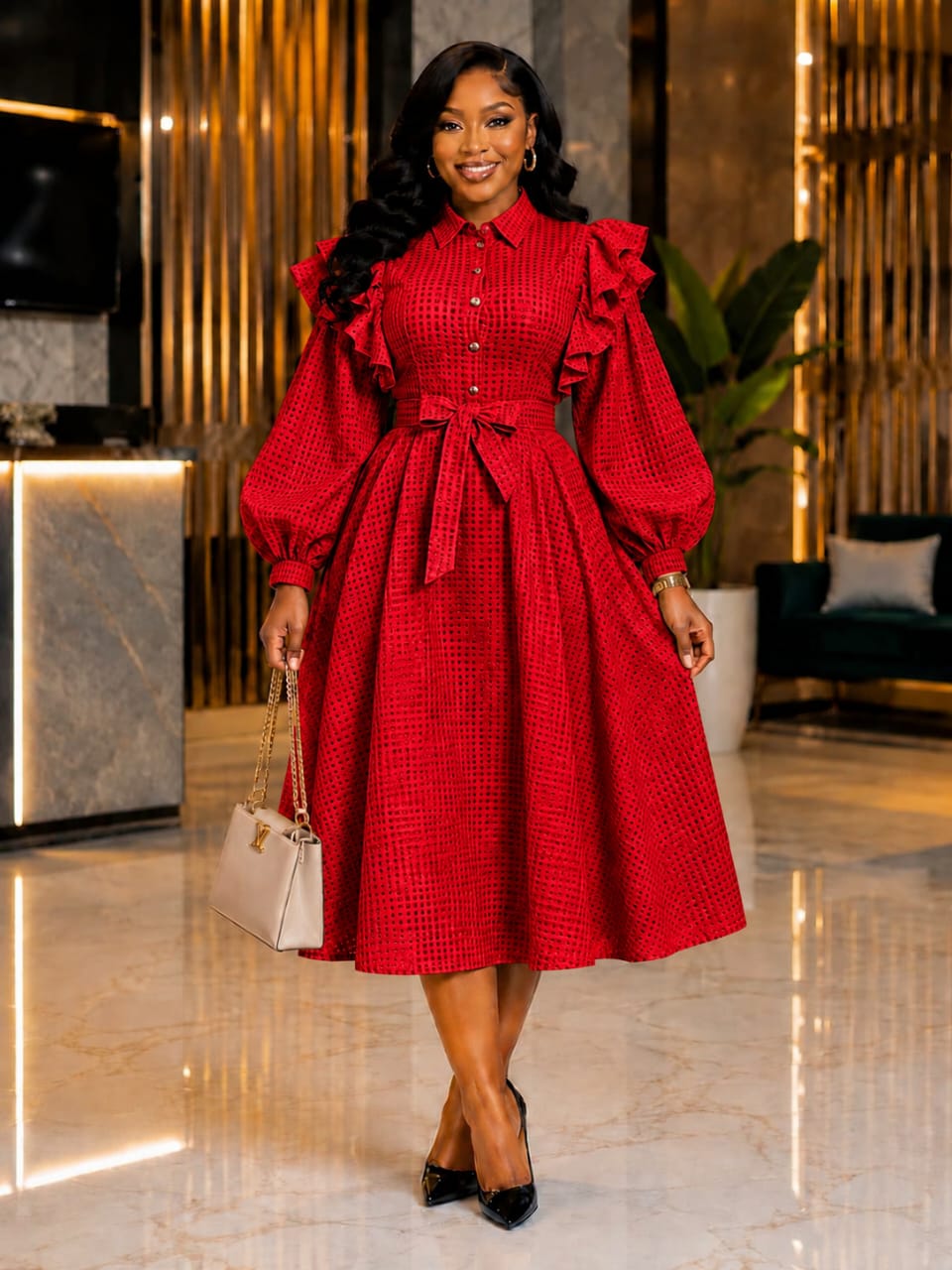 👗 Ruffled Shoulder Belted Shirt Dress_3