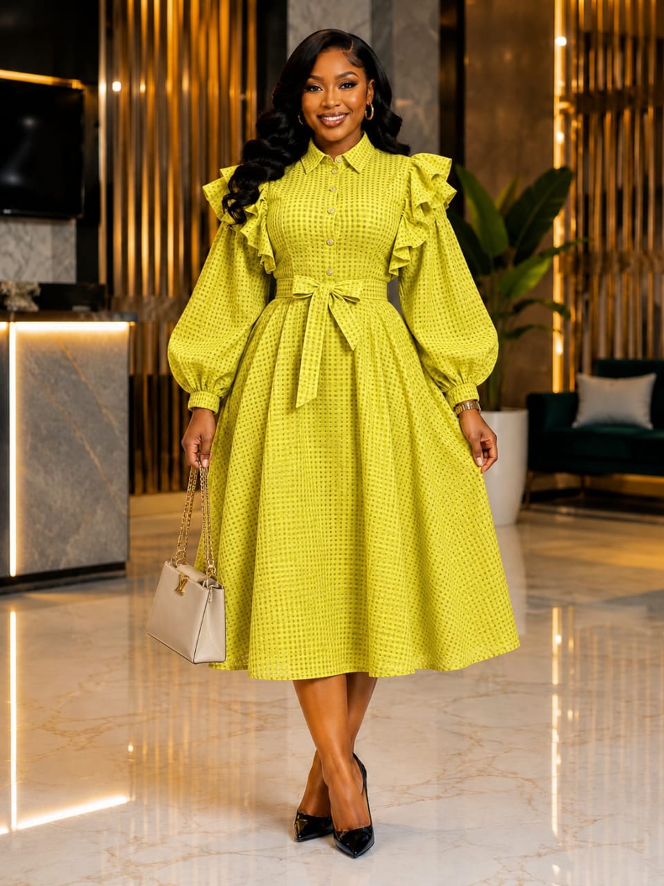 👗 Ruffled Shoulder Belted Shirt Dress_1