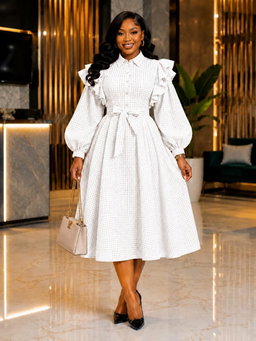 👗 Ruffled Shoulder Belted Shirt Dress