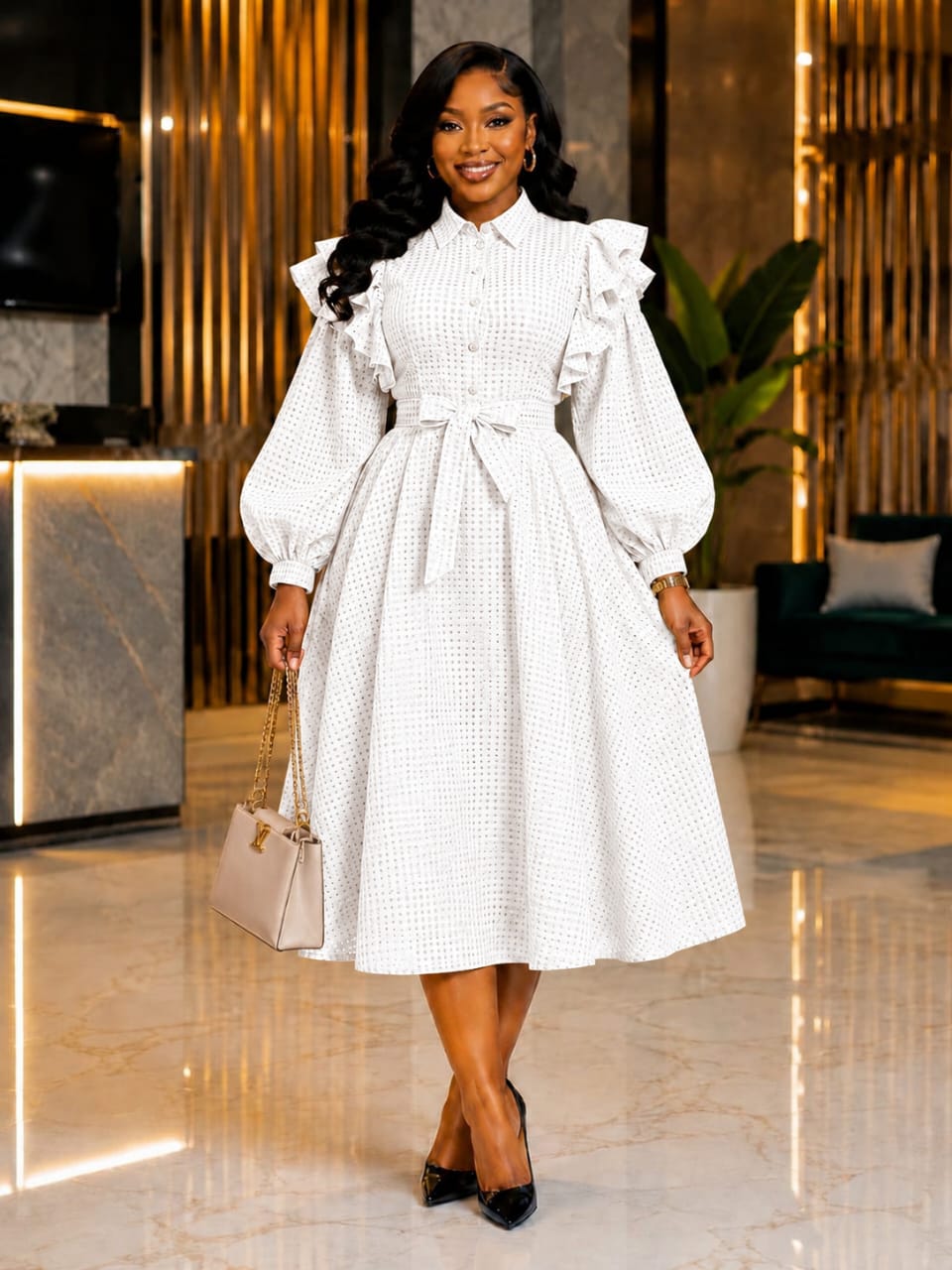 👗 Ruffled Shoulder Belted Shirt Dress