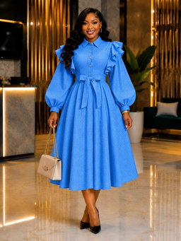 👗 Ruffled Shoulder Belted Shirt Dress