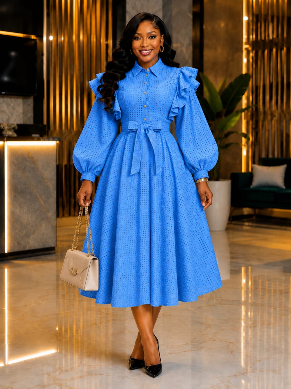 👗 Ruffled Shoulder Belted Shirt Dress_4