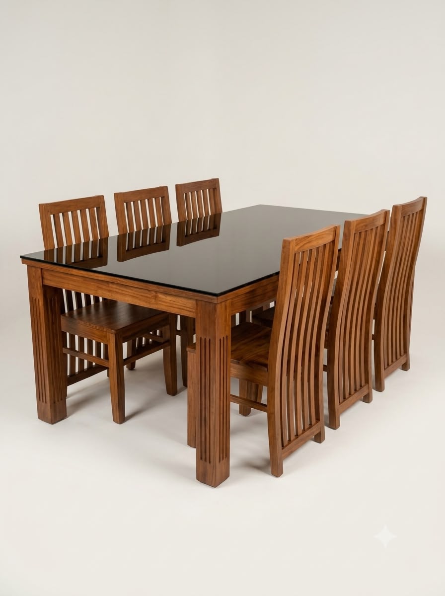 ELEGANT 6-SEATER GLASS-TOP WOODEN DINING SET_0