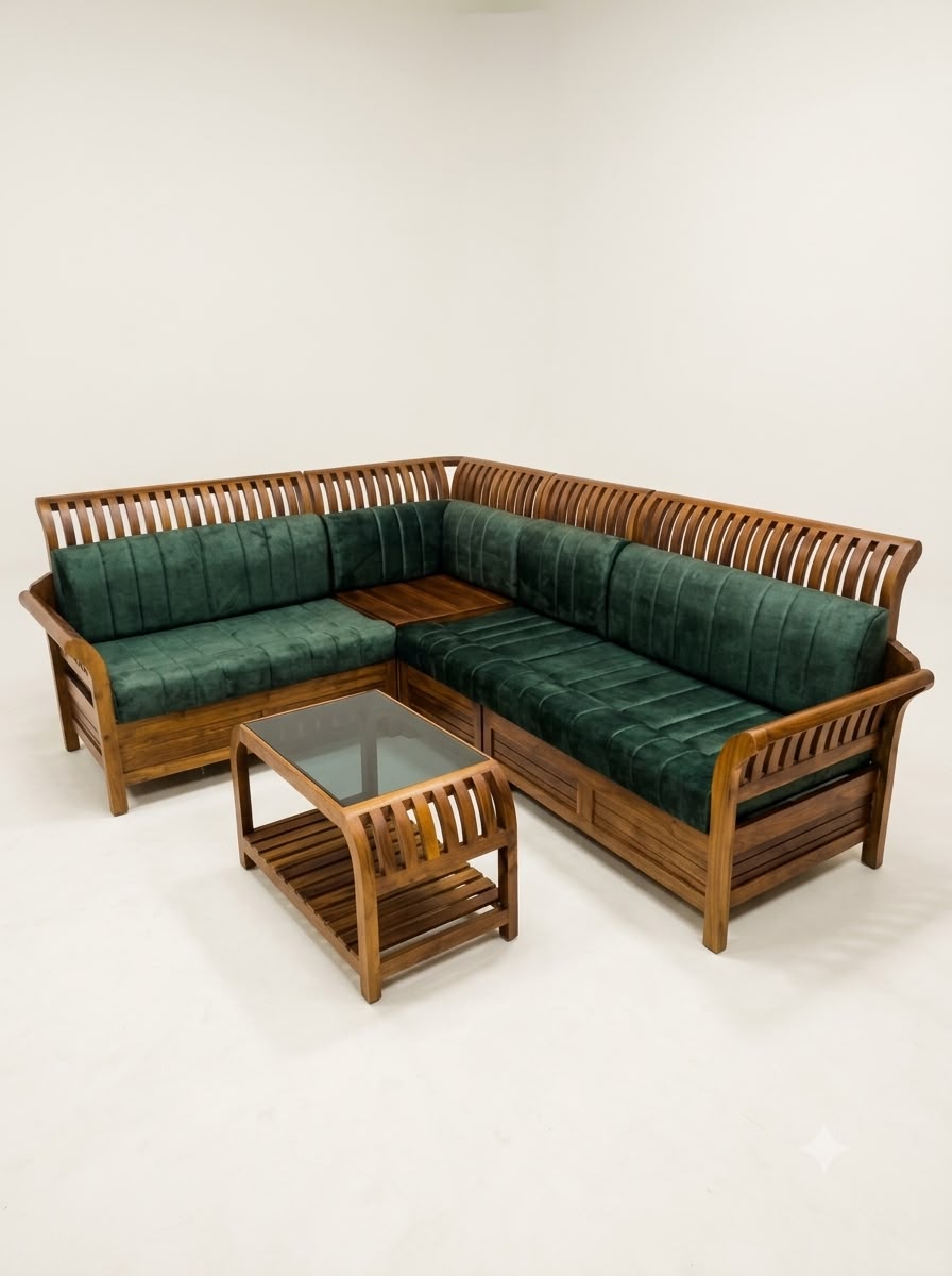 L-SHAPED WOODEN CORNER SOFA SET