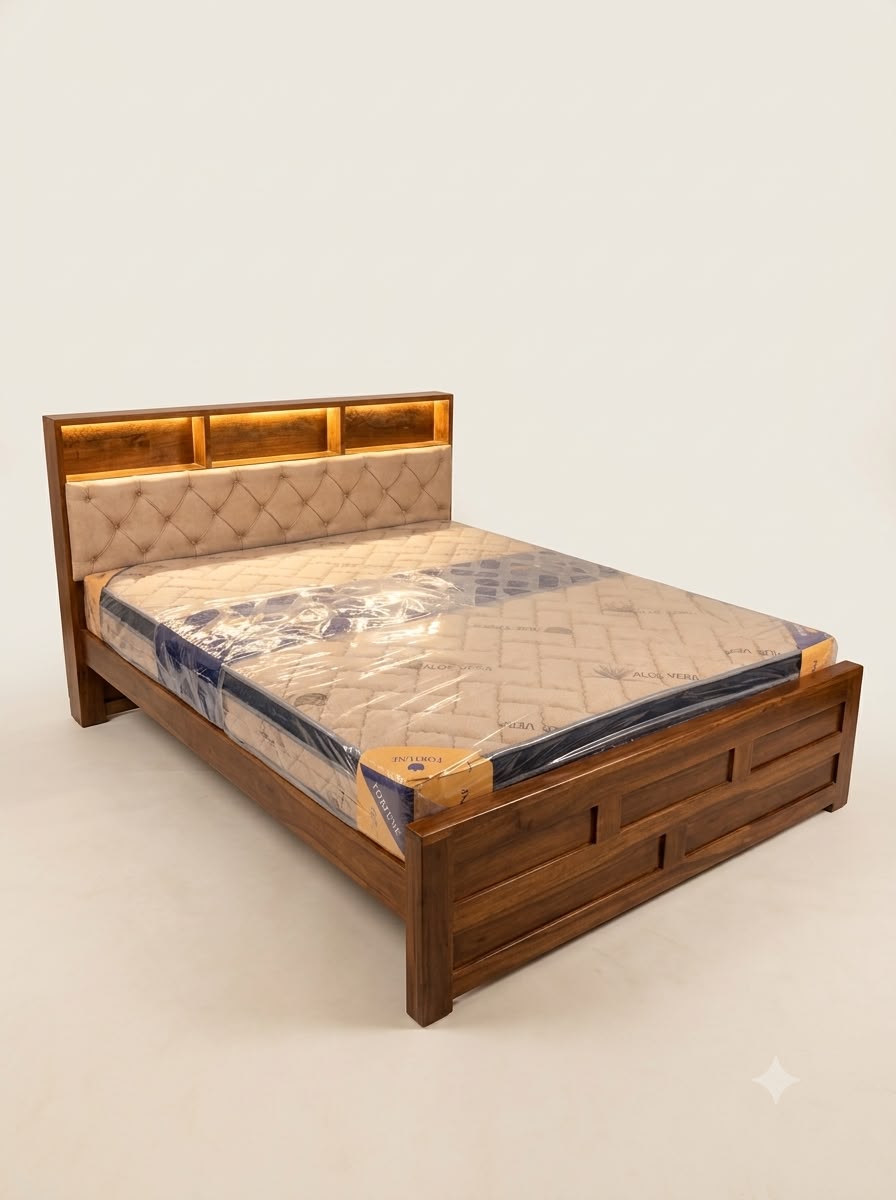 LED-LIGHTED UPHOLSTERED WOODEN COT