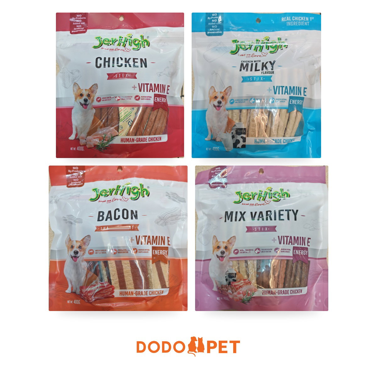 JerHigh Stix + Vitamin E Dog Treats 400g – Chicken, Milky, Bacon, Mix Variety_0