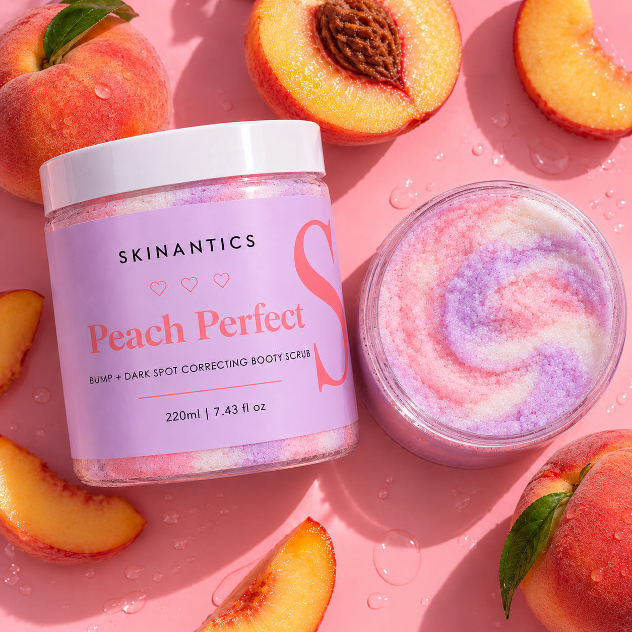 🍑 Peach Perfect — Bump + Dark Spot Correcting booty Scrub. A deliciously peach-scented body scrub designed to help smooth the look of booty bumps, dark spots and ingrown-prone skin while leaving your skin feeling soft, polished and ridiculously good.  Powered with salicylic acid to help exfoliate and unclog pores, plus a luxurious blend of pink, white and pastel-purple scrub crystals for that satisfying smooth-skin finish.  And the scent? Fresh, juicy peaches.You’ll smell so good, you might catch yourself sniffing your own skin. 😮‍💨🍑  Smooth the bumps. Brighten the look of spots. Keep those ingrowns in check. Smell like a whole peach while you do it. Peach Perfect. Your booty’s new favourite step. 🍑_0