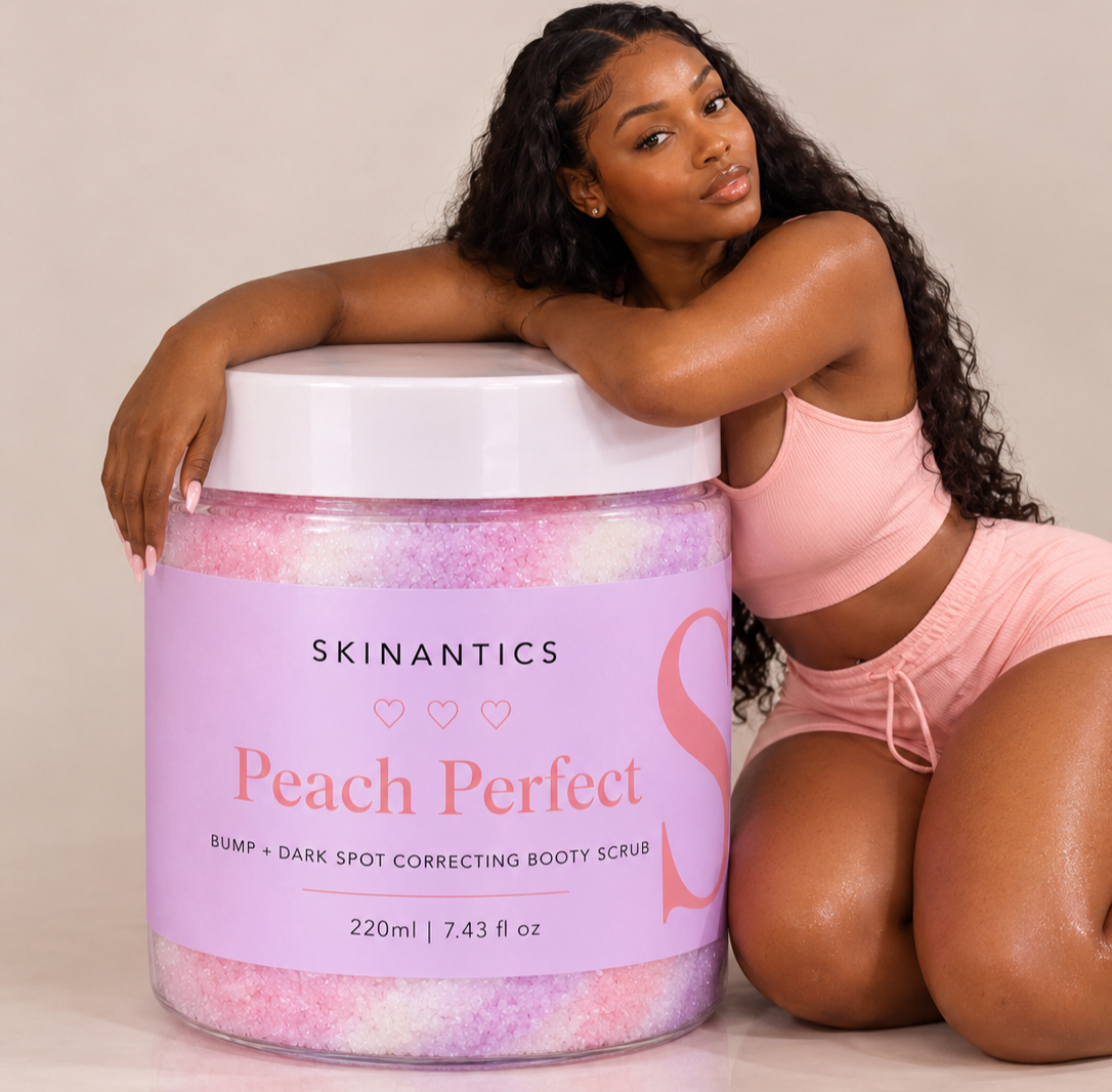 🍑 Peach Perfect — Bump + Dark Spot Correcting booty Scrub. A deliciously peach-scented body scrub designed to help smooth the look of booty bumps, dark spots and ingrown-prone skin while leaving your skin feeling soft, polished and ridiculously good.  Powered with salicylic acid to help exfoliate and unclog pores, plus a luxurious blend of pink, white and pastel-purple scrub crystals for that satisfying smooth-skin finish.  And the scent? Fresh, juicy peaches.You’ll smell so good, you might catch yourself sniffing your own skin. 😮‍💨🍑  Smooth the bumps. Brighten the look of spots. Keep those ingrowns in check. Smell like a whole peach while you do it. Peach Perfect. Your booty’s new favourite step. 🍑_1