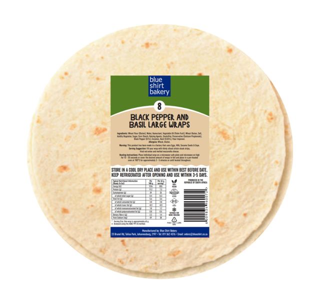 BLACK PEPPER & BASIL LARGE WRAPS 8'S 545G Code: BSBPB8-U <<< Econo Foods >>>