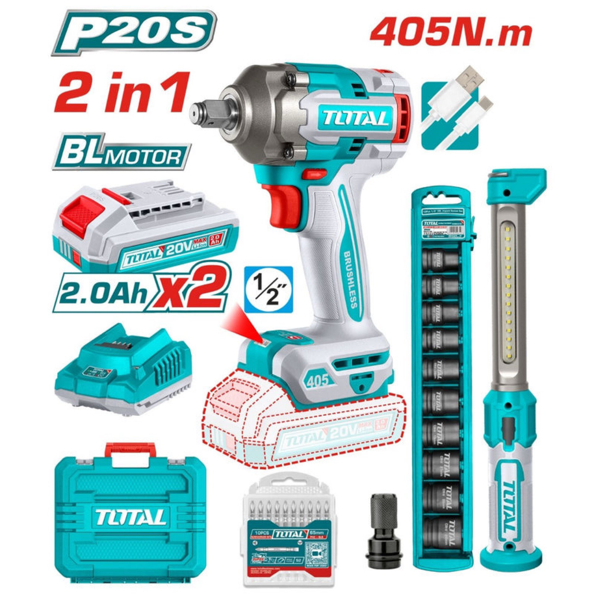 Combo Total Llave De Impacto Inalámbrica 20V 1/2" 405Nm 2400Rpm Motor Sin Escobillas Con Lámpara De Trabajo 3.5W Y Accesorios. POCAS UNIDADES_0
