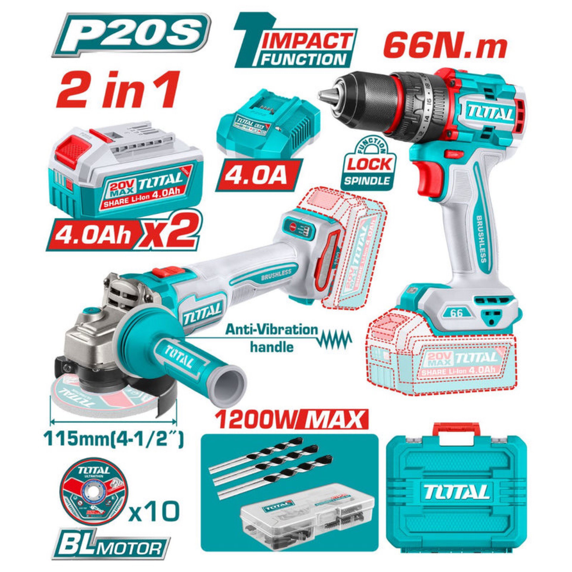 Combo Del Mes Total Esmeril Angular 20V Motor Sin Escobillas 4-1/2". Taladro Compacto Motor Sin Escobillas 20V 66Nm. Batería Y Cargador. POCAS UNIDADES_0