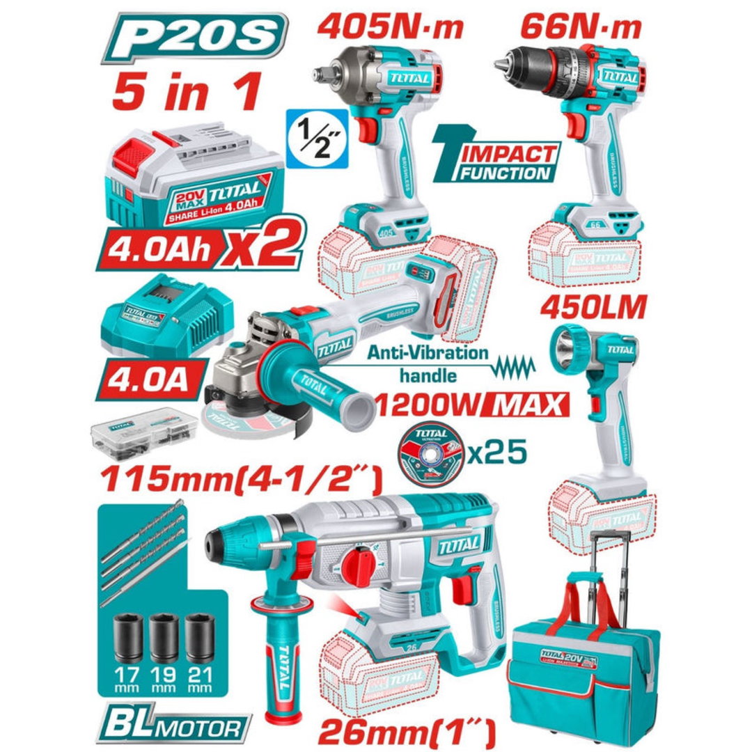 Combo Total Kit 20V Taladro Percutor 66Nm, Esmeriladora 1200W 4-1/2" Motor Sin Escobillas, Rotomartillo 2.5J 26Mm Y Lámpara 5W. Incluye Batería Y Cargador. Pocas Unidades.