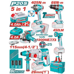 Combo Total Kit 20V Taladro Percutor 66Nm, Esmeriladora 1200W 4-1/2" Motor Sin Escobillas, Rotomartillo 2.5J 26Mm Y Lámpara 5W. Incluye Batería Y Cargador. Pocas Unidades.