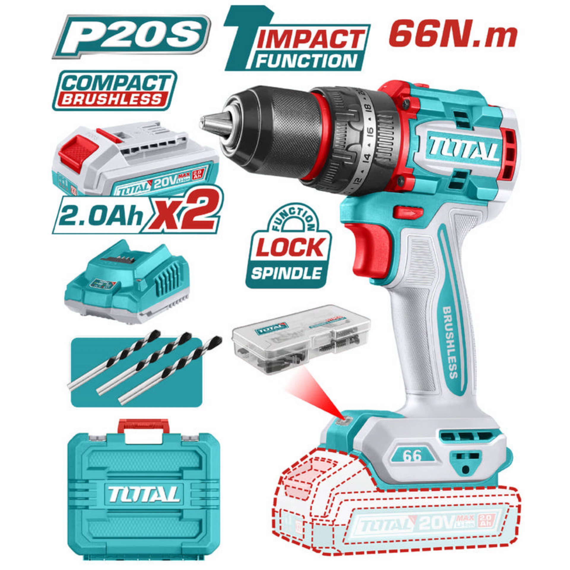 Taladro Inalámbrico 20V 1/2" 66Nm Impacto. Motor Sin Escobillas. Incluye 2 Baterías Y Cargador. Super Total_0