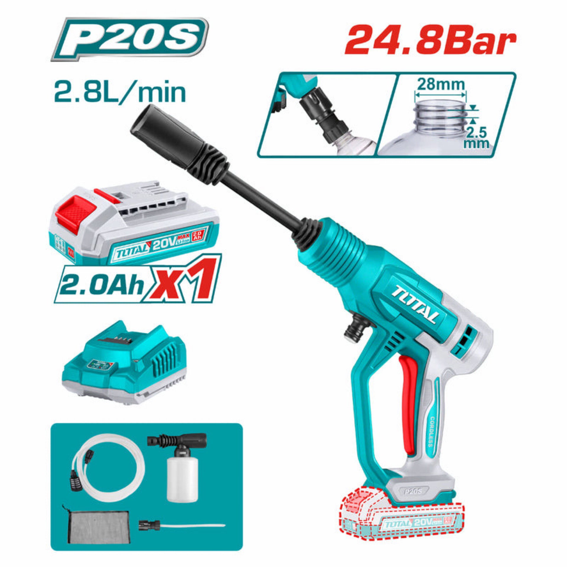 Hidrolavadora Inalámbrica 20V Portátil 24.8 Bar. Caudal 2.8L/Min. Incluye Batería Y Cargador._0