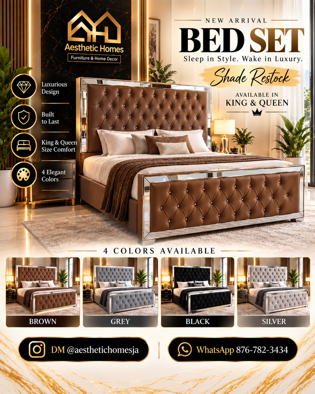 Aesthetic Bed Frame with Mirror - King