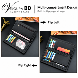 Men's long PU leather vertical wallet (available in colors like black and dark brown) featuring a multi-card slot design, metal corner accent, and a slim folding layout. 