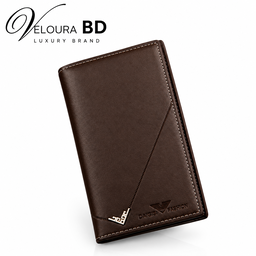 Men's long PU leather vertical wallet (available in colors like black and dark brown) featuring a multi-card slot design, metal corner accent, and a slim folding layout. 