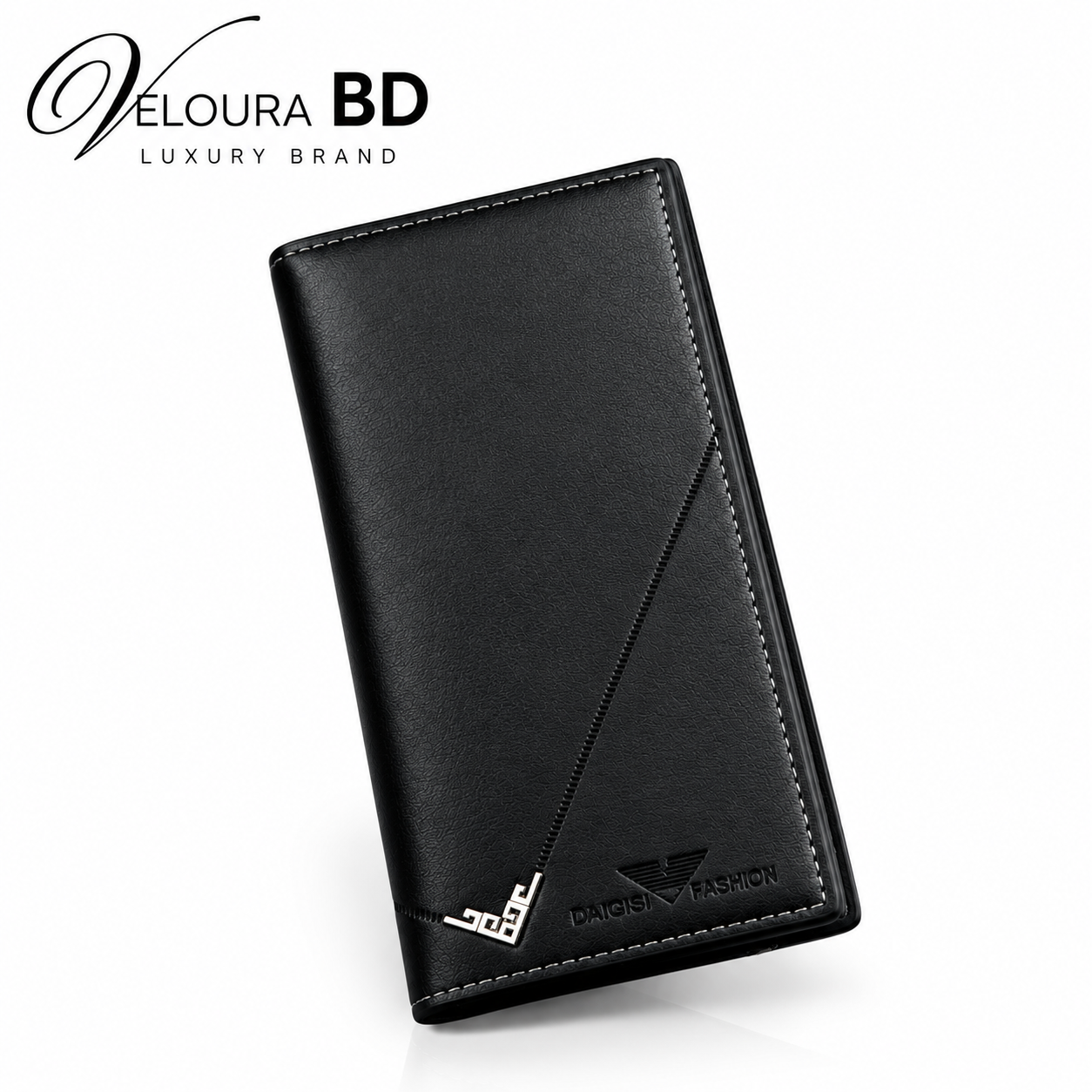 Men's long PU leather vertical wallet (available in colors like black and dark brown) featuring a multi-card slot design, metal corner accent, and a slim folding layout. _3
