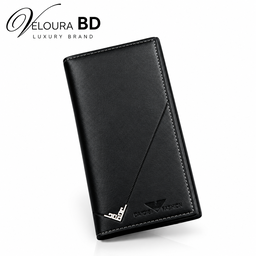 Men's long PU leather vertical wallet (available in colors like black and dark brown) featuring a multi-card slot design, metal corner accent, and a slim folding layout. 
