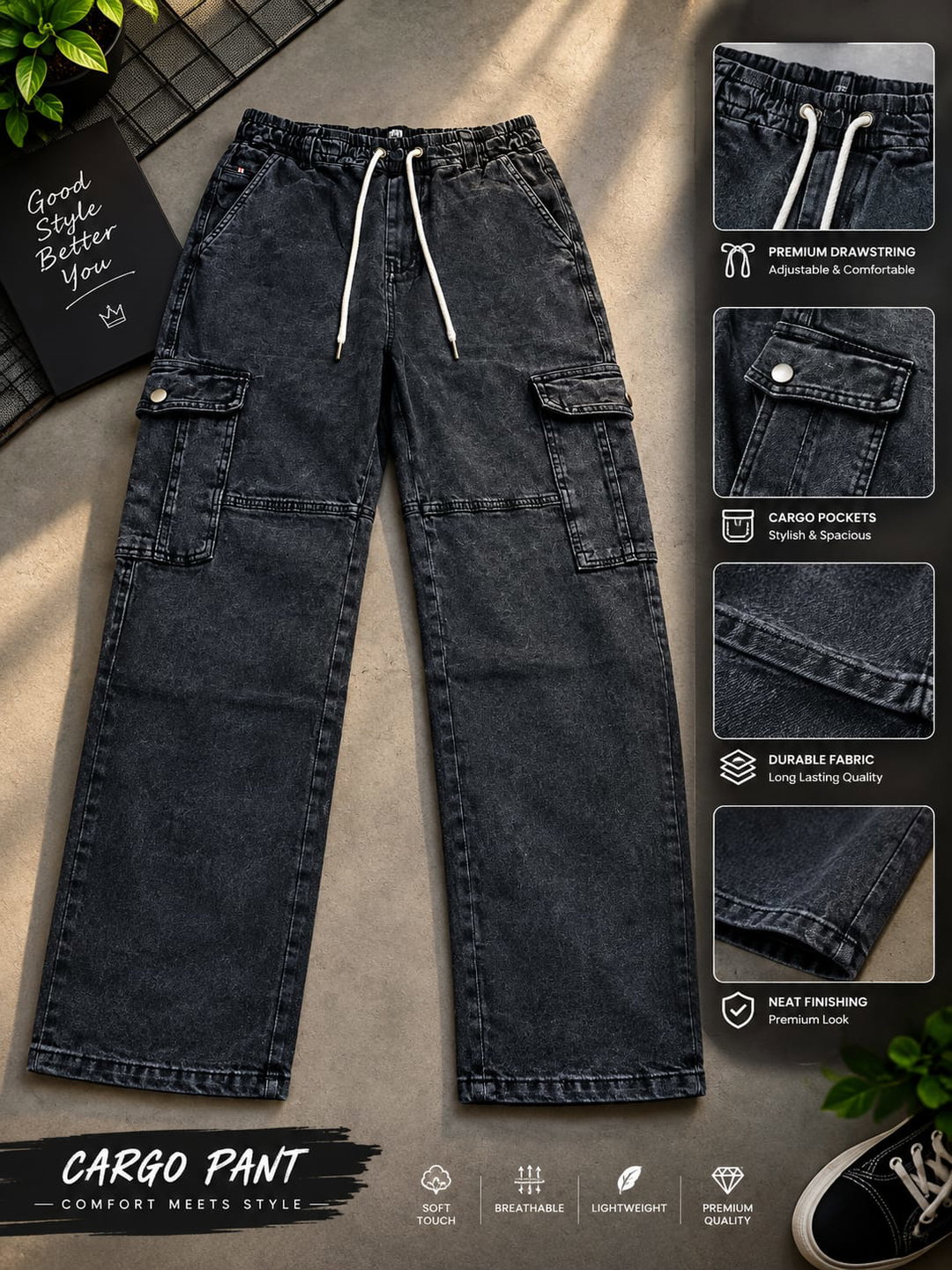6 Pocket Cargo Denim Baggy Pant