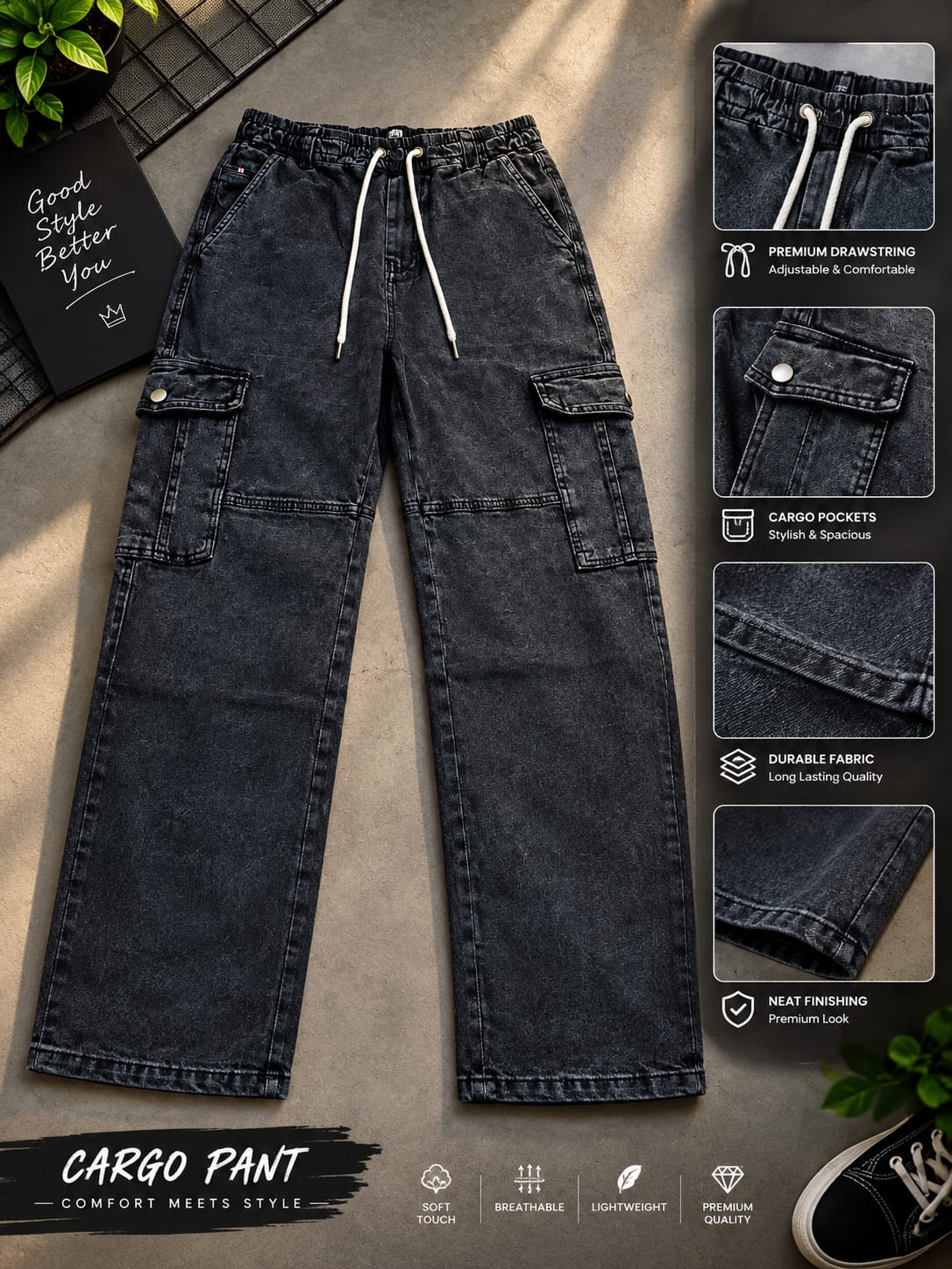 6 Pocket Cargo Denim Baggy Pant_0