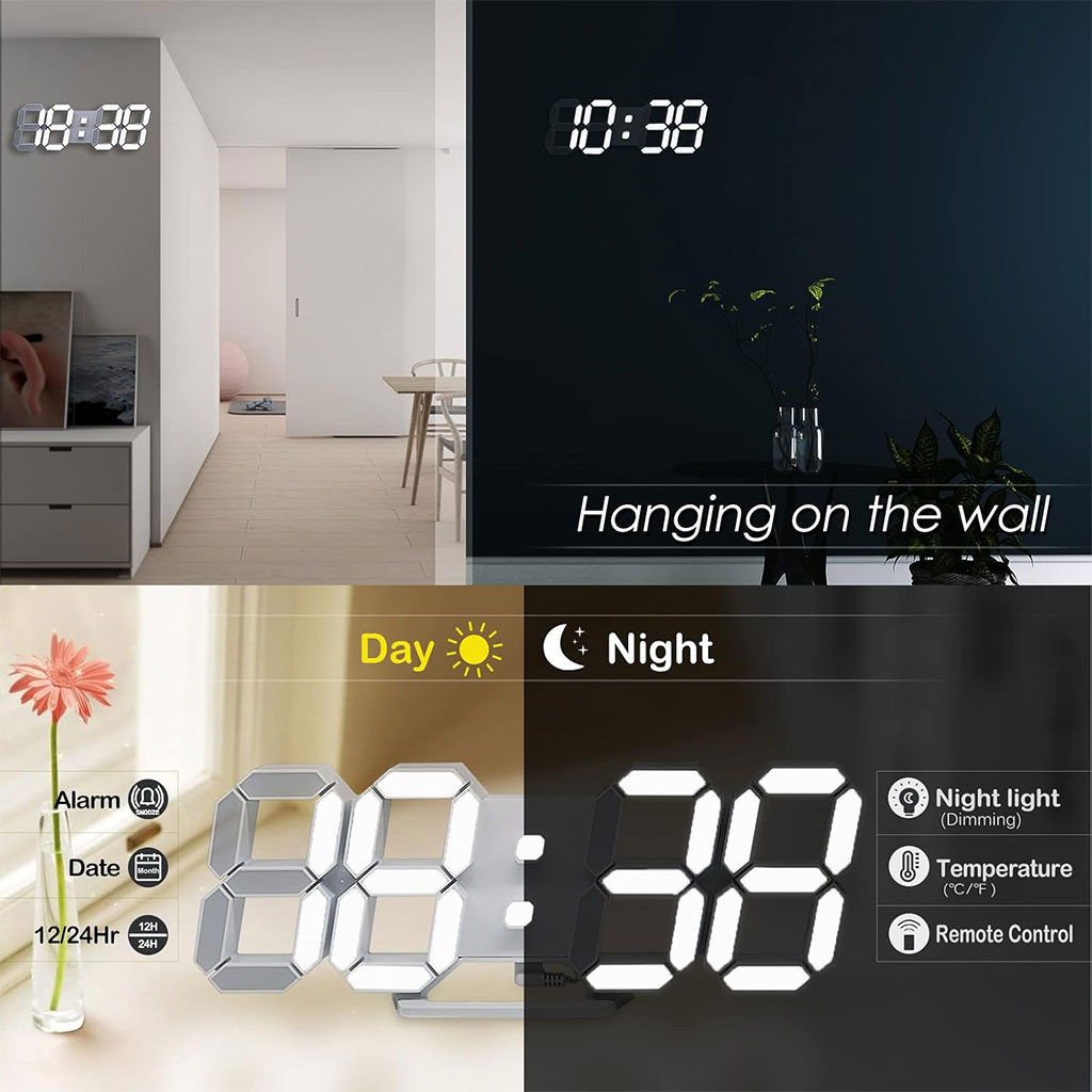 Horloge Murale numérique LED Blanche 3D GH0720L – ساعة رقمية تصميم ثلاثي الأبعاد_5