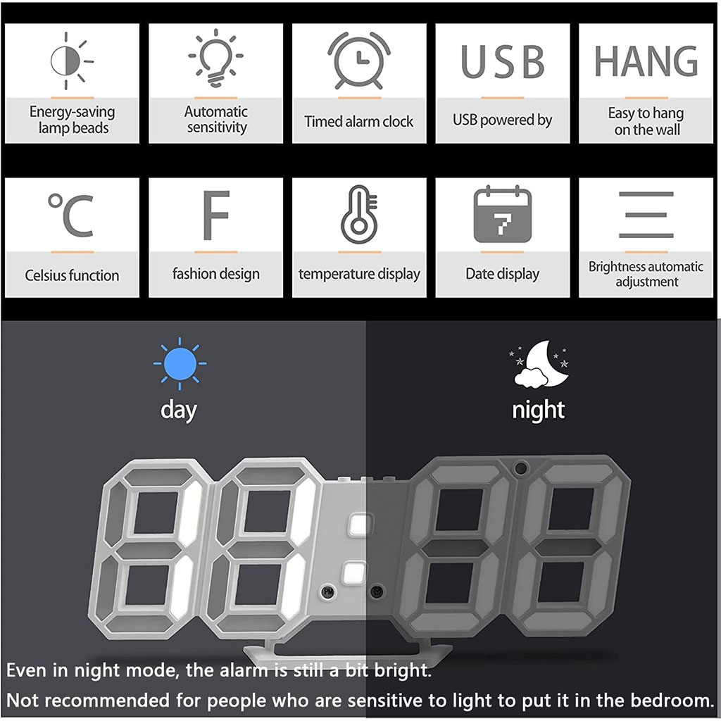 Horloge Murale numérique LED Blanche 3D GH0720L – ساعة رقمية تصميم ثلاثي الأبعاد_8