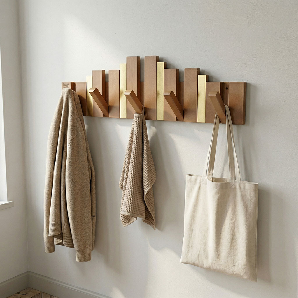 Porte-Manteau Mural Design Piano en Bois avec Touches Dorées - علاقة ملابس خشبية_0