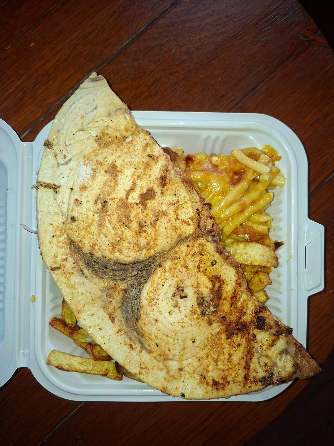 Pan-seared fish, chips and macaroni pie