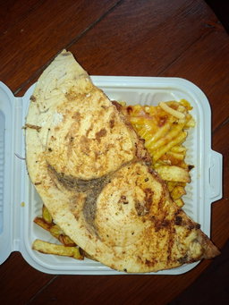 Pan-seared fish, chips and macaroni pie