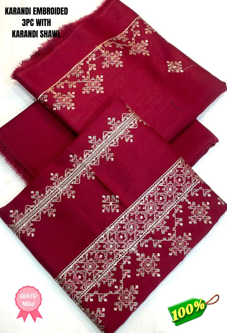 *KARANDI WOOL BAREEZE BRAAND*  *EMBRODIED KARANDI WOOL SHIRT WITH KARANDI EMBROIDED SHAWL ORIGNAL 💯 FaAbric*_3