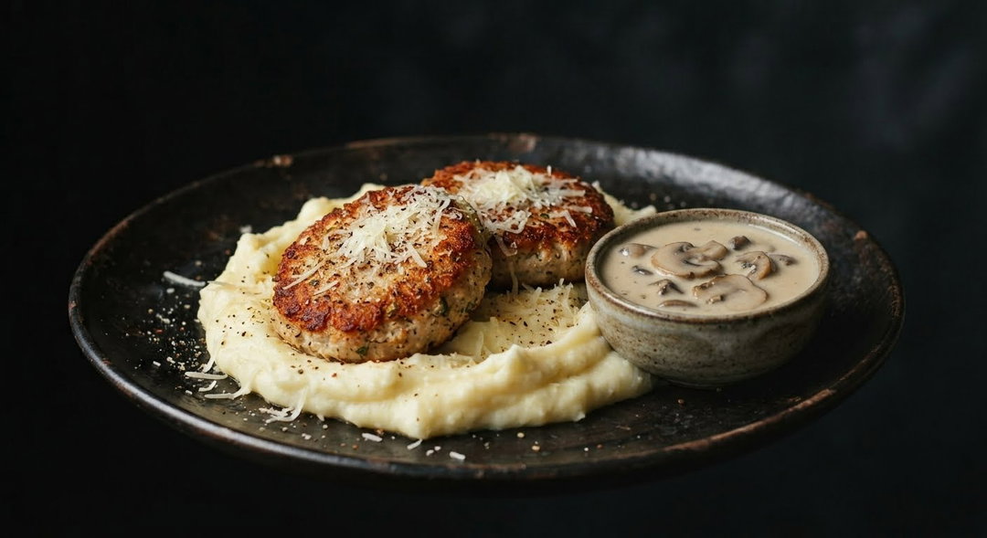 Para llevar💫Medallones de pollo picado a cuchillo con queso, con puré cremoso de papas y salsa de hongos