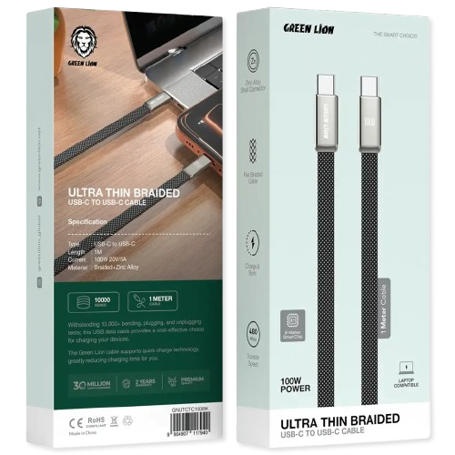 Green Lion Ultra Thin Braided 1M Cable USB-C to USB-C 100W - Black