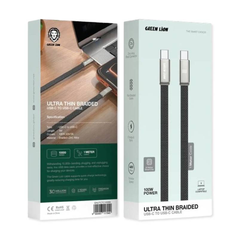Green Lion Ultra Thin Braided 1M Cable USB-C to USB-C 100W - Black_1
