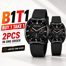 2PCS Buy 1 Get 1 Free Unisex Black Sports Waterproof Wristwatch for Men Women