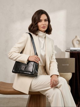 Shoulder bag / structured handbag featuring a geometric, slightly trapezoidal silhouette